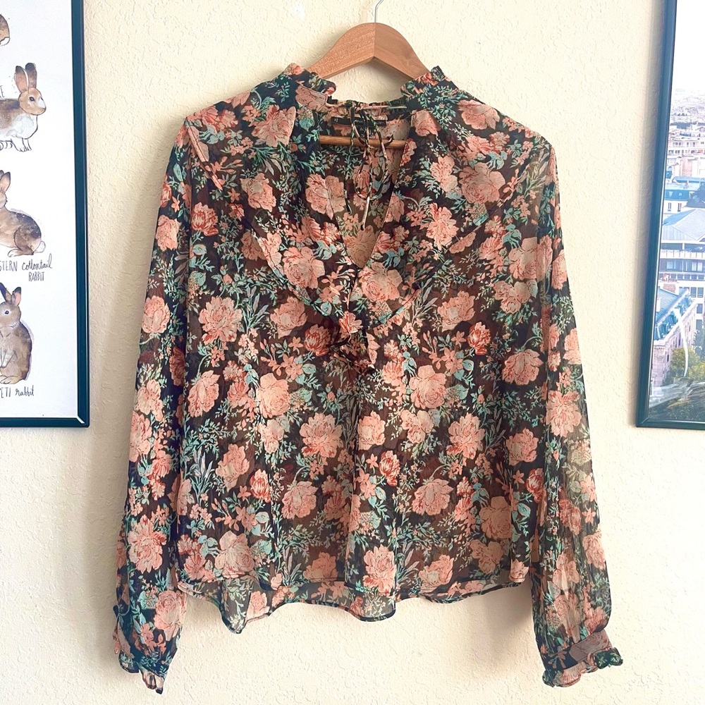 MANGO floral blouse with ruffle and tie